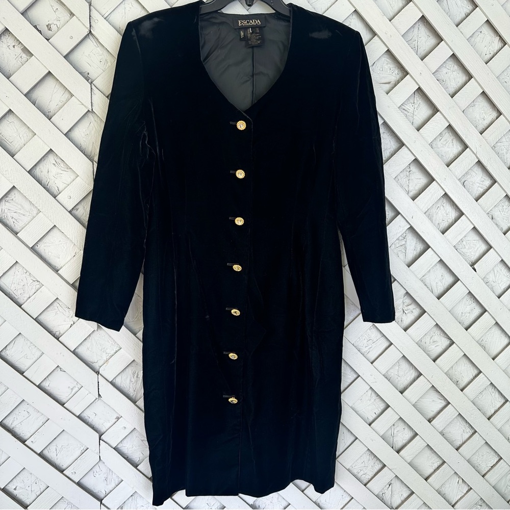 Escada By Margaret Ley Luxurious Velvet Dress with Gold Buttons V-Neck Vtg sz 42